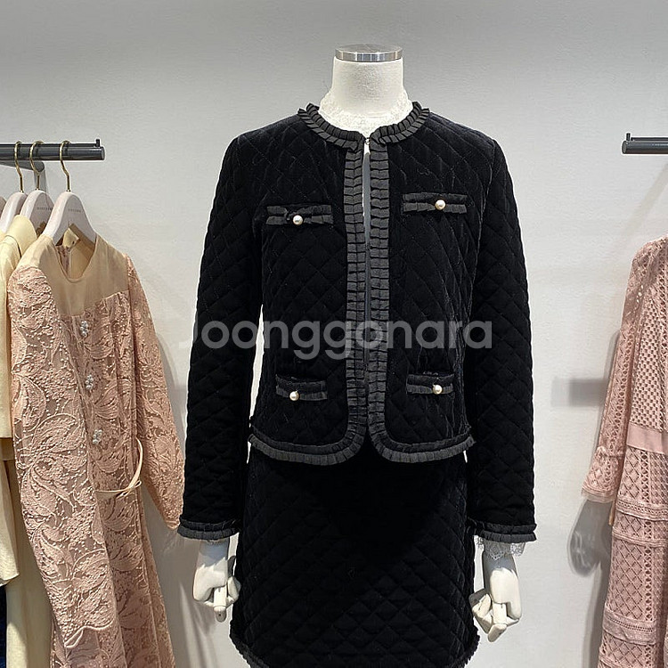 레니본 진주 벨벳 샤넬 투피스 자켓 스커트 세트--0